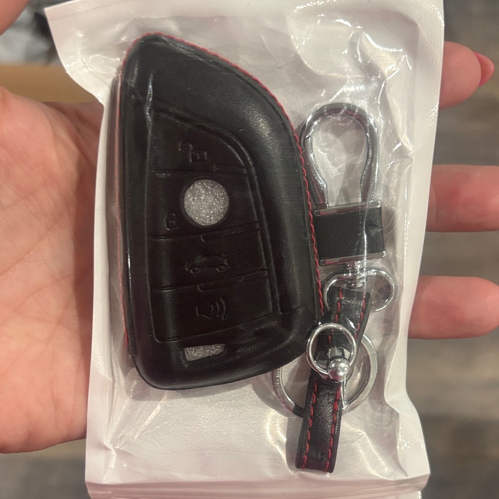 Black Leather Car Key Fob Cover with Red Stitching